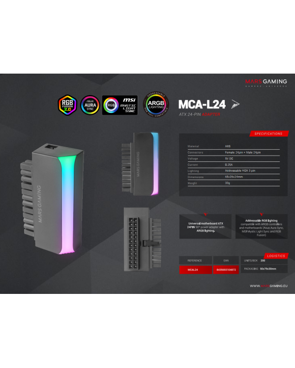 Mars Gaming MCA-L24 ATX 24pin 90° Adapter with ARGB