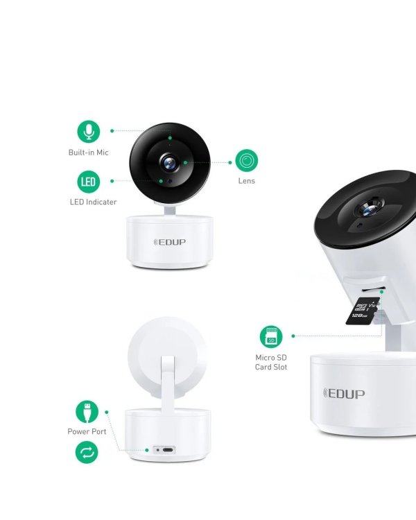EDUP EH-2048P17 V2 Smart IPCam Умная камера для дома Wi-Fi / PTZ 350° / 2K H.264 / microSD / Audio / IR WDR / USB-C
