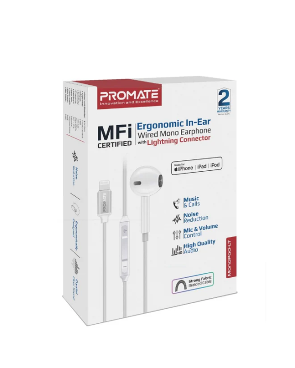 Promate MonoPod Ergonomic Mono MFI Certified In-Ear Проводные наушники Lightning / 1.3m