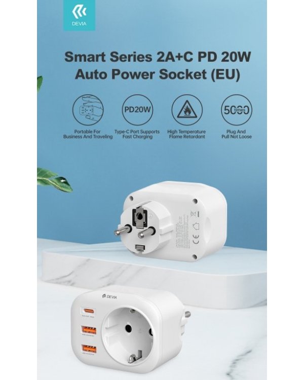 Devia Pозетка PD 20W Зарядное устройство USB-C / 2x USB 3A