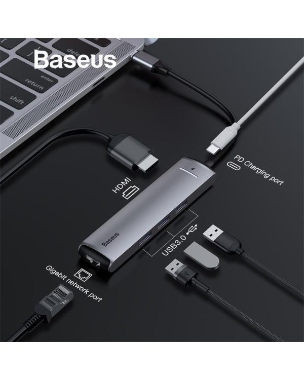Baseus CAHUB-J0G 6 in 1 Приставка для MacBook / 1 x HDMI / 3 x USB 3.0 / USB-C / RJ45 / PD