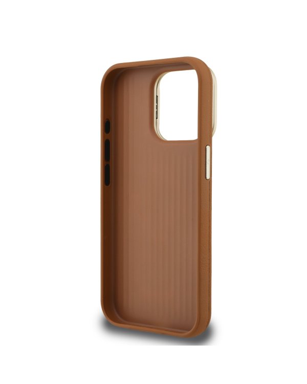 Guess PU Grained 4G Logo Stand Camera Frame Case Защитный чехол для iPhone 15 Pro / коричневый