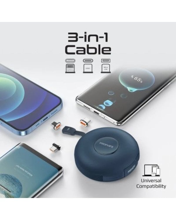 PROMATE Quiver Складной магнитный кабель USB-C на USB-C / Lightning / microUSB / 1м