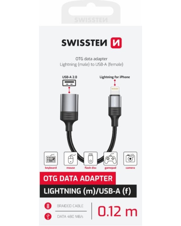 Swissten Textile Lightning - USB-A OTG Адаптер 0.12m