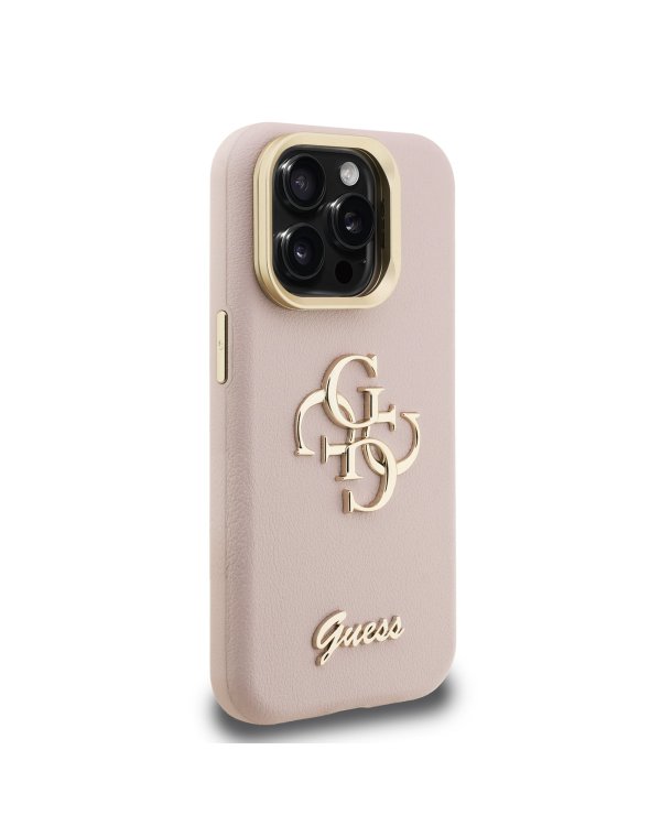 Guess PU Grained 4G Logo Stand Camera Frame Case Защитный чехол для iPhone 15 Pro / розовый