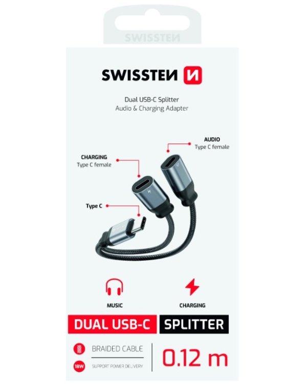 Swissten Textile USB-C Audio Charging Адаптер 2x USB-C 0.12m