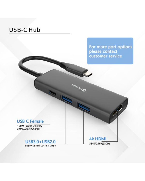 Swissten 4in1 USB-C Hub Многопортовая док-станция 100W / HDMI 4K / 2x USB-A