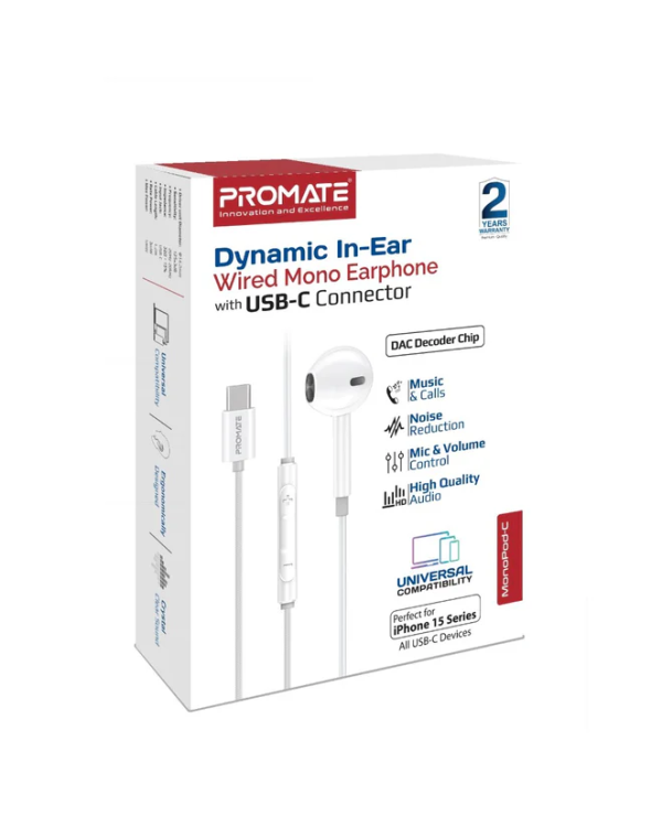 Promate MonoPod Dynamic Mono In-Ear Проводные наушники USB-C / 1.2m