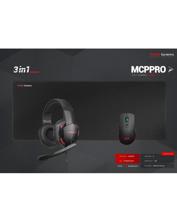 Дополнительное изображение книги «Mars Gaming MCPPRO Combo 3in1 Spēļu pele ar austiņām un paliktni RGB / 9800 DPI / USB 7.1 / 780x300mm»