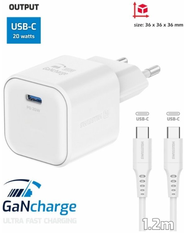 Swissten 3арядное устройство GaN USB-C 20W PD + Kабель для передачи данных USB-C-USB-C 1.2m