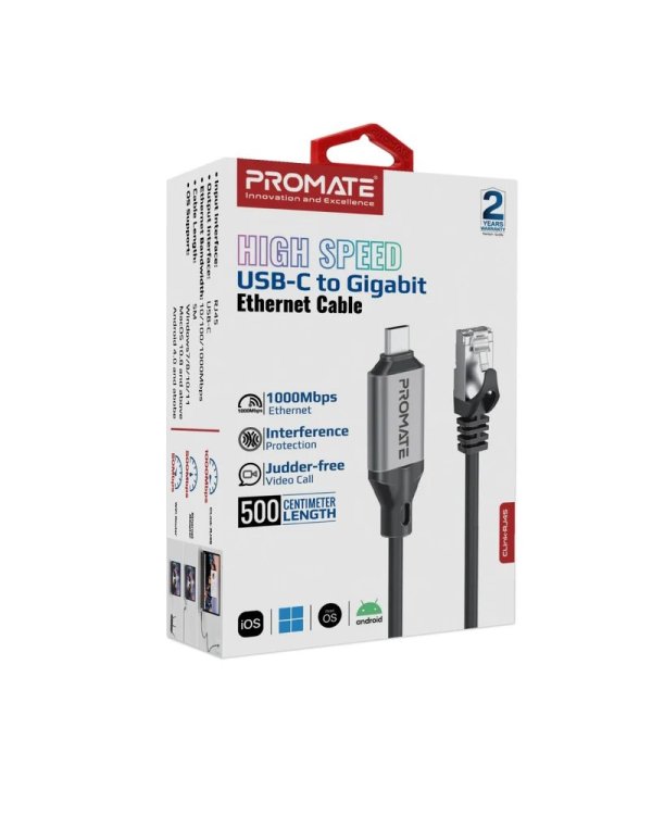 Promate CLink-RJ45 Кабель USB-C to Ethernet 10/100/1000Mbps / 5m