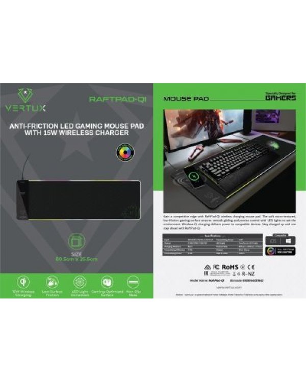 Vertux RaftPad-Qi Gaming XL Игровой коврик с RGB подсветкой и Qi беспроводной зарядкой 15W