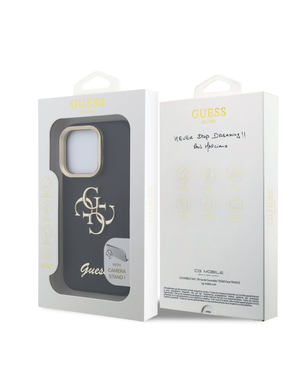 Guess PU Grained 4G Logo Stand Camera Frame Case Защитный чехол для iPhone 15 Pro Max / чёрный