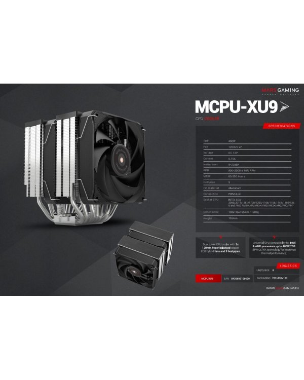 Дополнительное изображение книги «Mars Gaming MCPUXU9 Охлаждение для процессора 400W TDP / 2x 120mm»