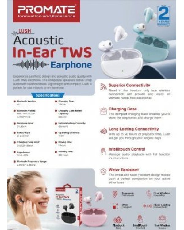 PROMATE Lush TWS Bluetooth Стерео гарнитура