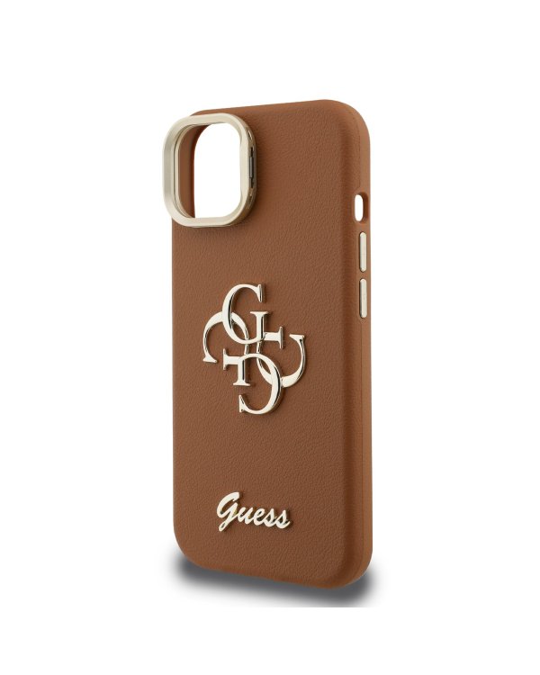 Guess PU Grained 4G Logo Stand Camera Frame Case Защитный чехол для iPhone 15 / коричневый