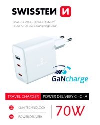 Swissten GaN зарядное устройство 2 x USB-C / USB / 70W