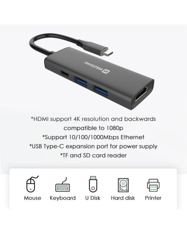Swissten 4in1 USB-C Hub Многопортовая док-станция 100W / HDMI 4K / 2x USB-A