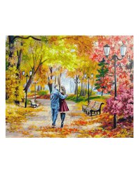 Живопись на холсте "Осенний парк, скамейка, двое", 40х50 см