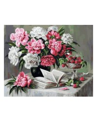 Живопись на холсте "Пионы и клубника" (40х50 см)