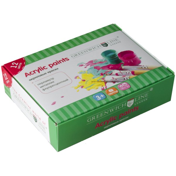 Краски акриловые, 12 цветов, металлик