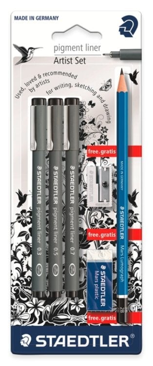 Набор ручек капилярных "Pigment Liner 308", 3 ручки, карандаш, ластик, точилка