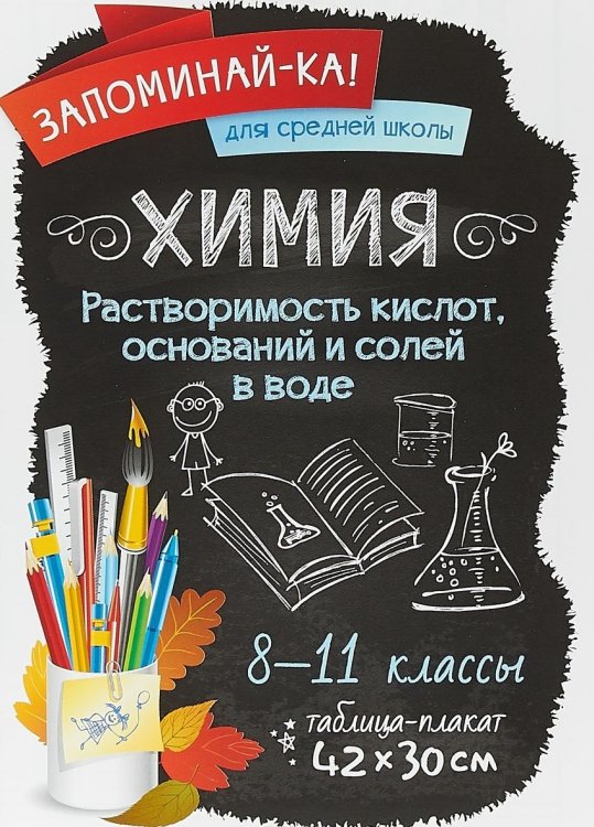 Химия. Растворимость кислот, оснований и солей в воде. 8-11 классы. Таблица-плакат