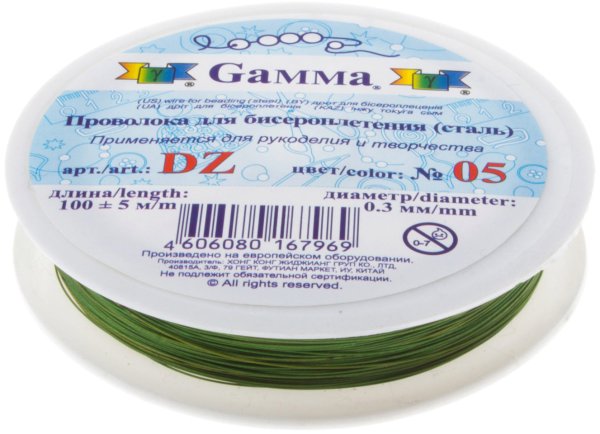 Проволока для бисера "Gamma", сталь, 0,3 мм, 100±5 м, цвет: ярко-зеленый, арт. DZ 05