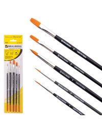 Кисти "Brauberg", 5 штук, синтетическая, круглые №1, 2, 5, плоские №5, 8