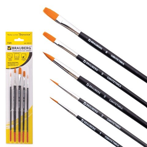 Кисти "Brauberg", 5 штук, синтетическая, круглые №1, 2, 5, плоские №5, 8