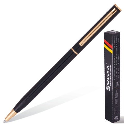 Ручка шариковая бизнес-класса "Slim Black", черный корпус, золотистые детали, 1 мм, синяя