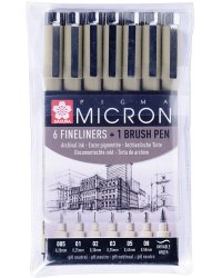 Набор капиллярных ручек "Pigma MIcron + Brush", черный, 7 штук