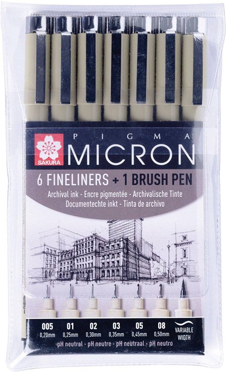 Набор капиллярных ручек "Pigma MIcron + Brush", черный, 7 штук