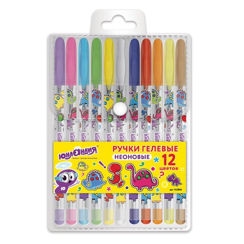 Ручки гелевые "Юнландия", 12 цветов, неоновые чернила, корпус с печатью, 0,7 мм, линия 0,5 мм
