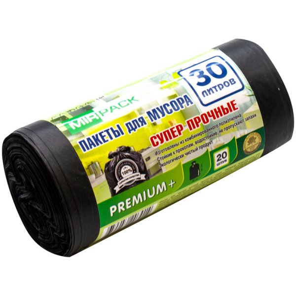 Обложка книги «Мешки для мусора "Premium+", ПВД, 50x60 см, 20 мкм, 20 штук, 30 литров, черные»