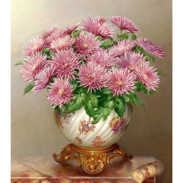 Алмазная мозаика "Бузин. Розовые астры" (37 цветов), 40х50 см