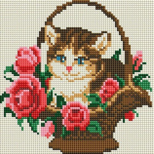 Алмазная мозаика без подрамника "Котёнок в корзинке", 20x20 см