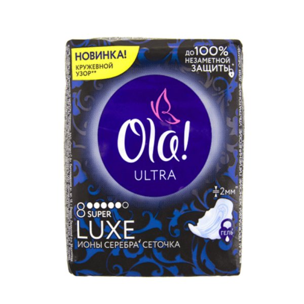 Прокладки впитывающие "Ola! Ultra Luxe. Super", женские гигиенические, ультратонкие, ионы серебра, 5 капель, 8 штук