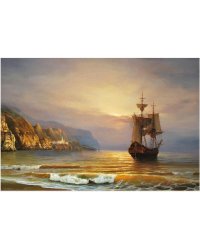 Роспись по холсту "Корабль на закате", на подрамнике, 40х50 см