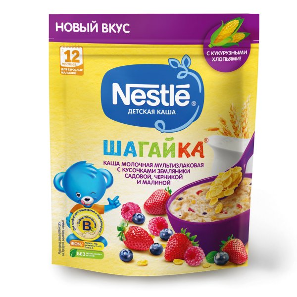 Молочная каша Nestle "Шагайка", мультизлаковая, земляника садовая, черника, малина, 190 г