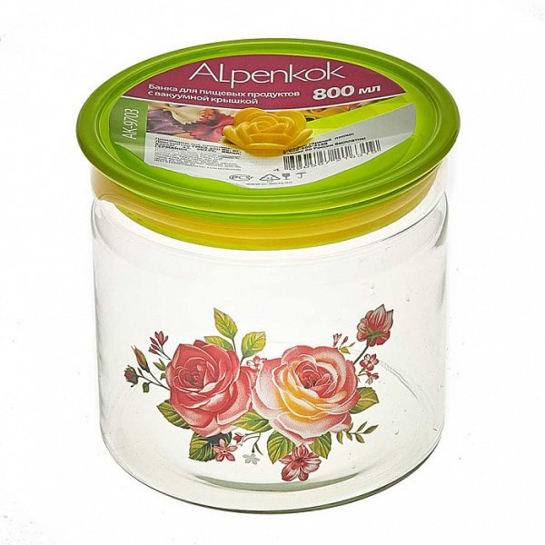 Банка стеклянная с вакуумной крышкой Alpenkok "Пионы", 800 мл, артикул AK-9703