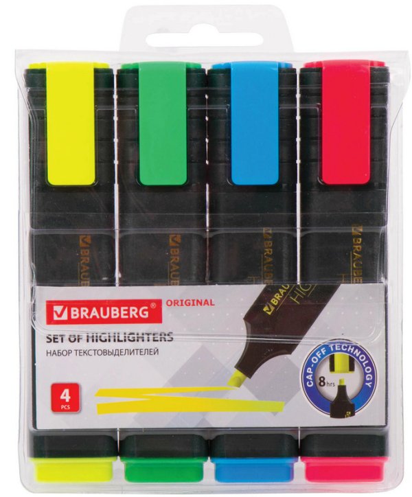 Набор текстовыделителей "Brauberg. Original", 4 цвета, линия 1-5 мм