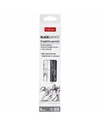 Карандаши чернографитные "Black&amp;White", с ластиком, НВ, 6 штук