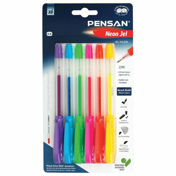 Ручки гелевые Pensan "Neon Gel", 6 цветов, узел 1 мм, линия письма 0,5 мм