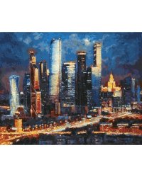Живопись на холсте. Вечерние огни Москва Сити, 40x50 см