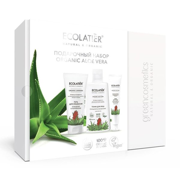 Подарочный набор ECOLATIER "Organic Aloe Vera" (гель для умывания 75 мл, тоник для лица 150 мл, дневной крем 30 мл)