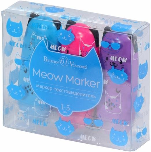 Набор текстовыделителей Meow Marker, 3 штуки, неон фиолетовый, розовый, голубой