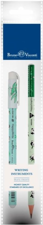 Ручка шариковая HappyWrite, синяя и карандаш чернографитный HappyGraphix. Sweet Animals. Панды, HB