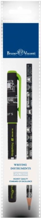 Ручка шариковая PrimeWrite, синяя и карандаш чернографитный ArtGraphix. Blueprint. Автомобиль, HB