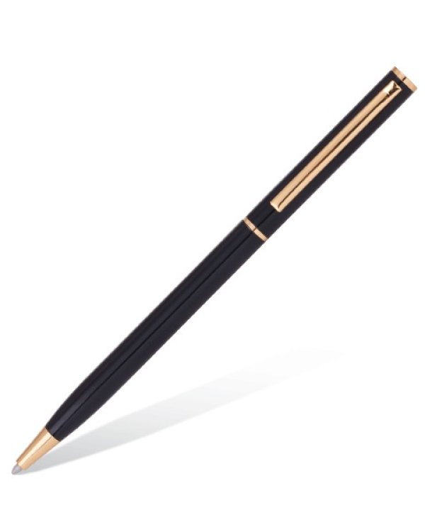 Ручка шариковая бизнес-класса "Slim Black", черный корпус, золотистые детали, 1 мм, синяя